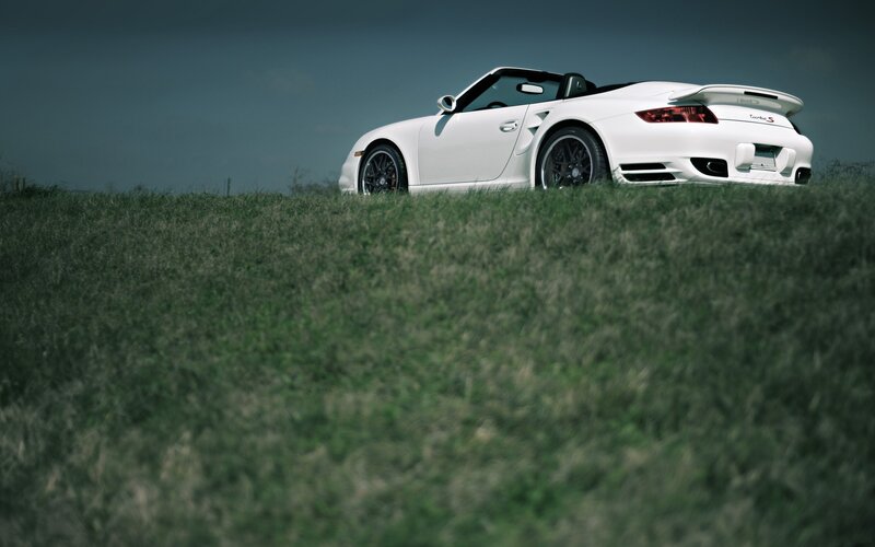 White Porsche on a grassy hill