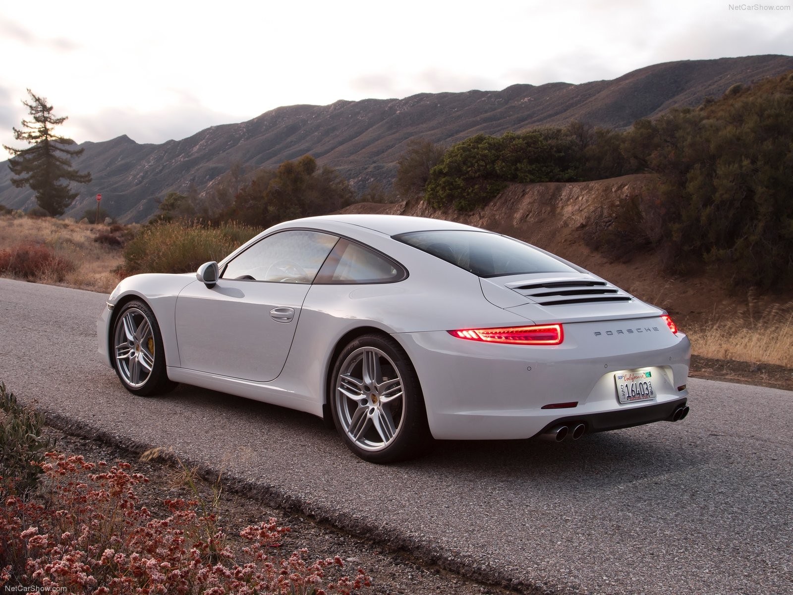 White Porsche on a mountain road