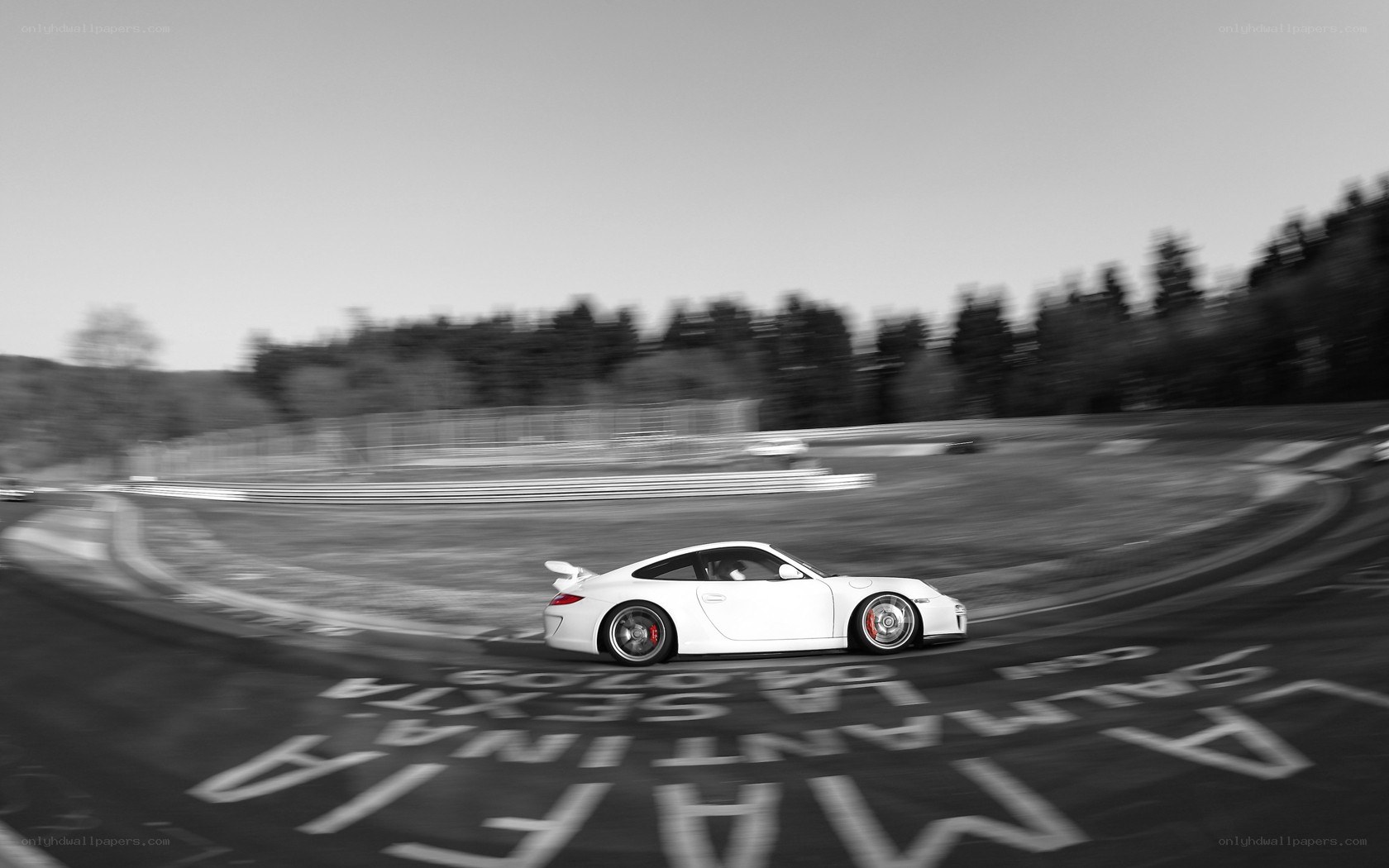 White Porsche on a racetrack