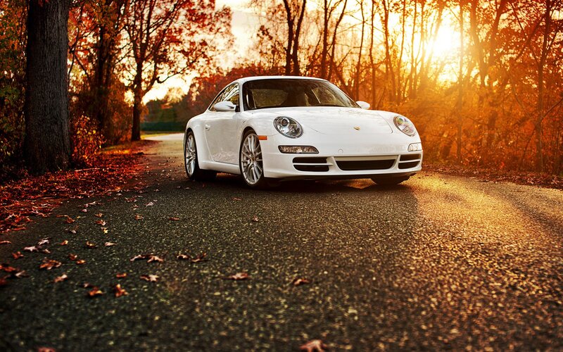 White Porsche on autumn road