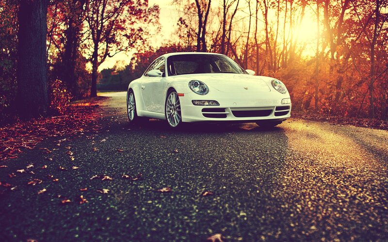 White Porsche on autumn road