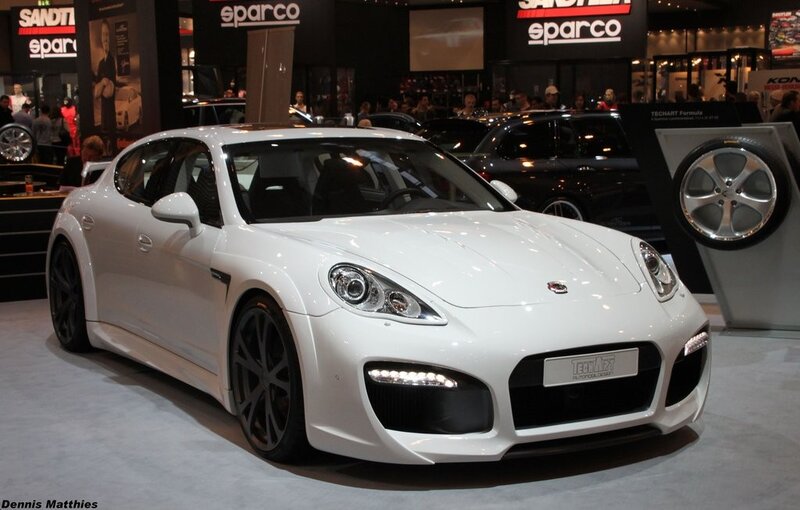 White Porsche Panamera at auto show