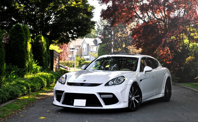 White Porsche Panamera on a residential street