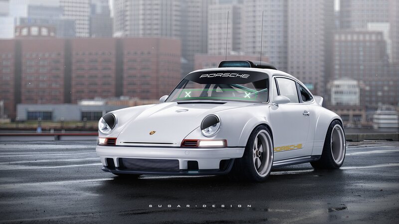 White Porsche Race Car — Dramatic, Digital Art