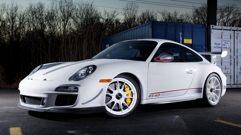 White Porsche Sports Car — Dramatic, Sunset, Photograph, Shipping Containers, Trees