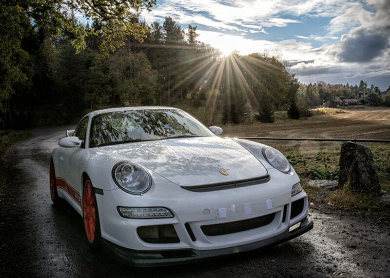 White Porsche Sports Car — Dramatic, Sunset, Photograph