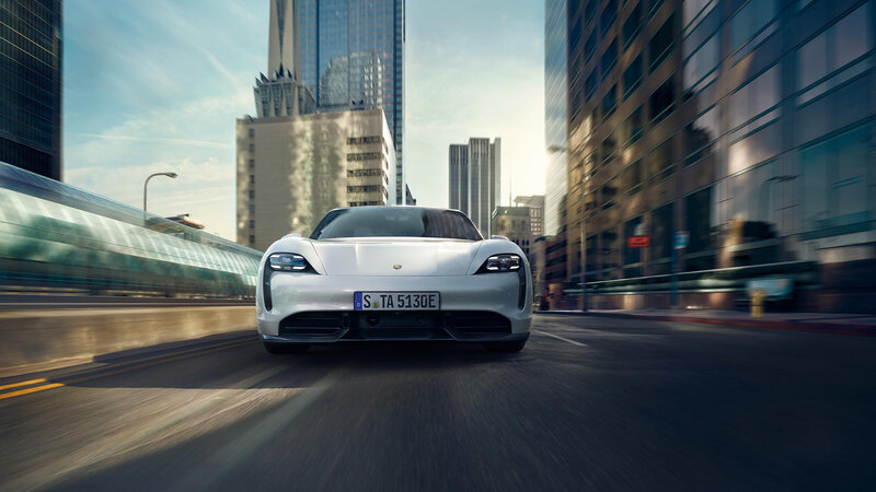 White Porsche Taycan — Dynamic, Afternoon