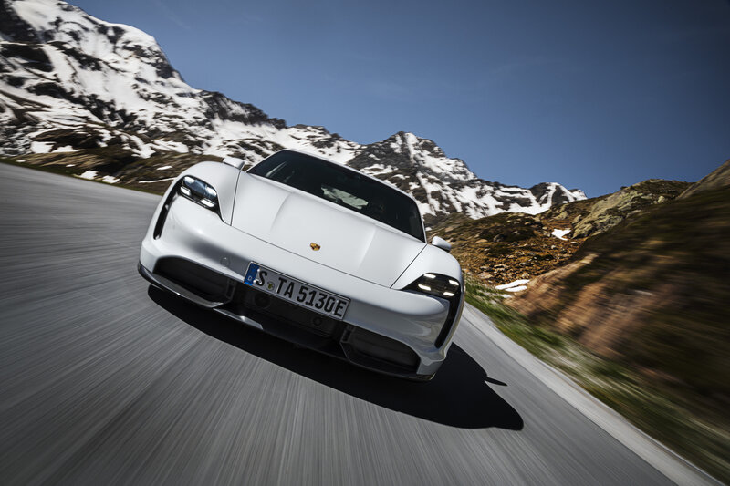 White Porsche Taycan — Dynamic
