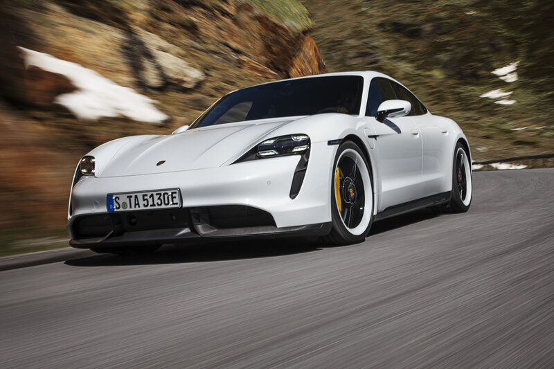 White Porsche Taycan — Dynamic, Winter