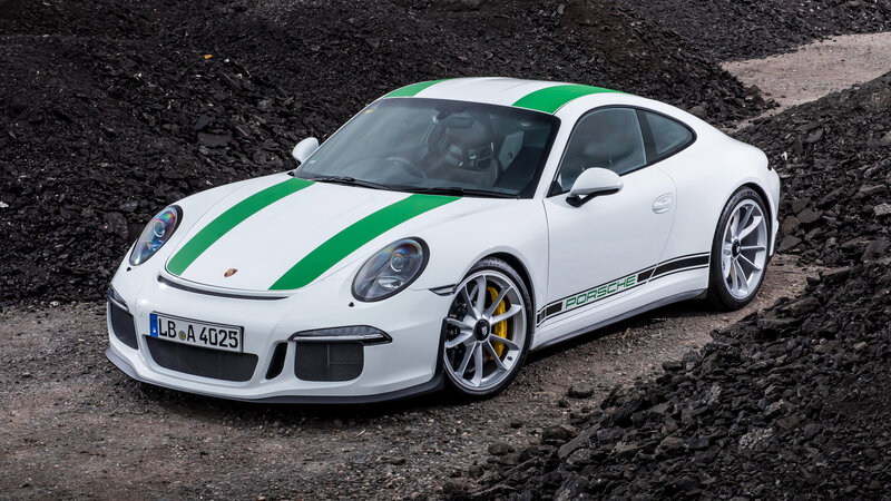 White Porsche with green stripes