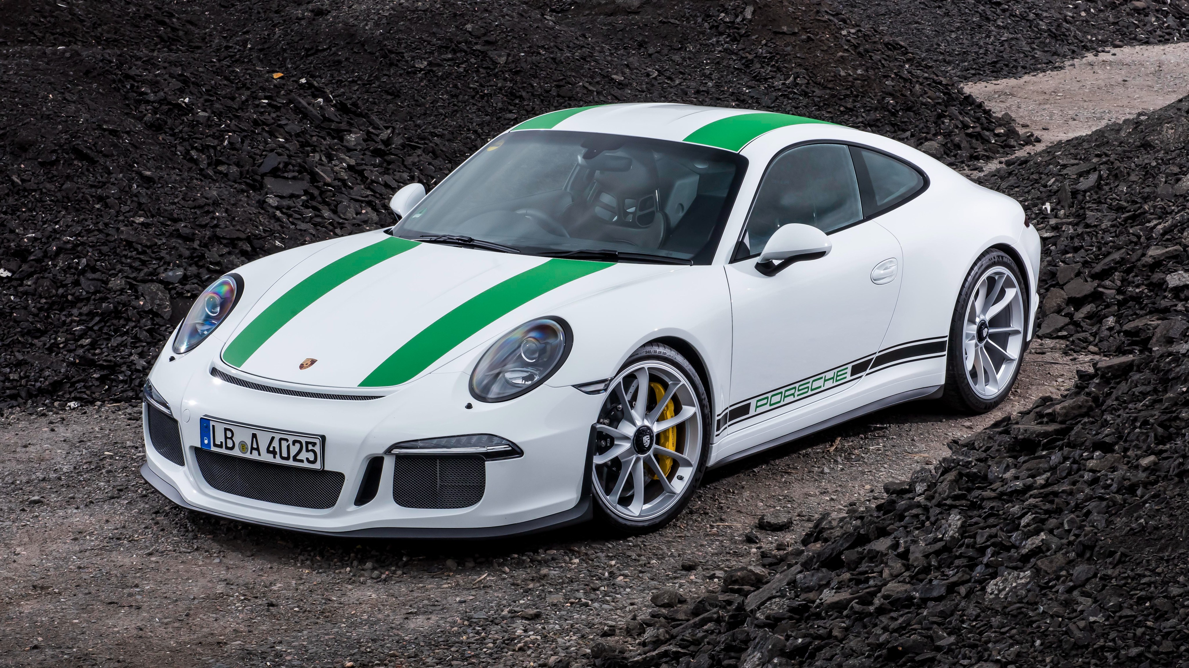 White Porsche with green stripes