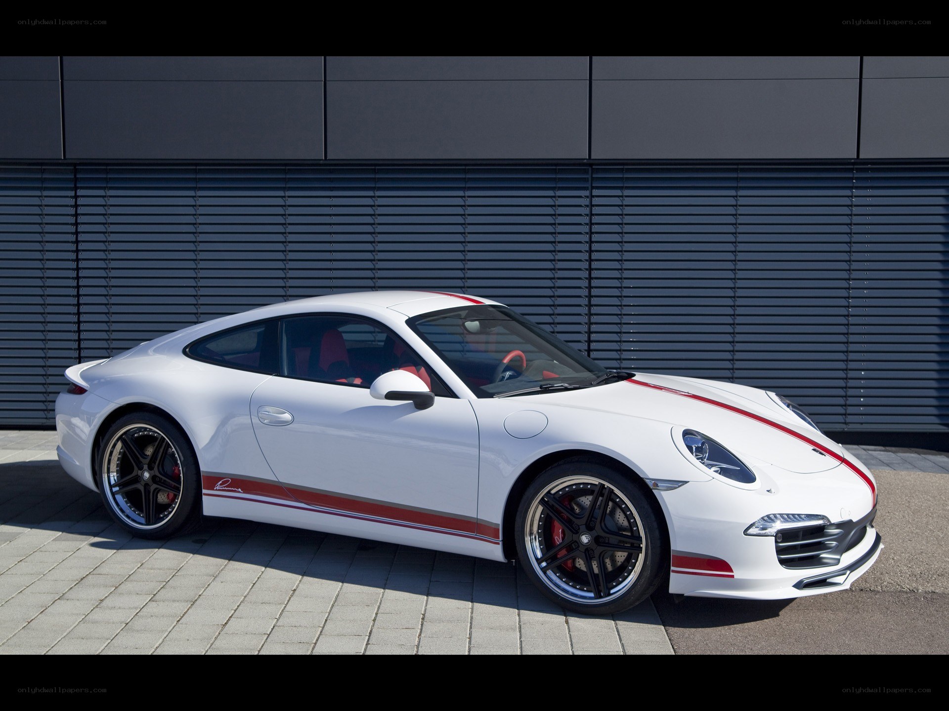 White Porsche with red stripes