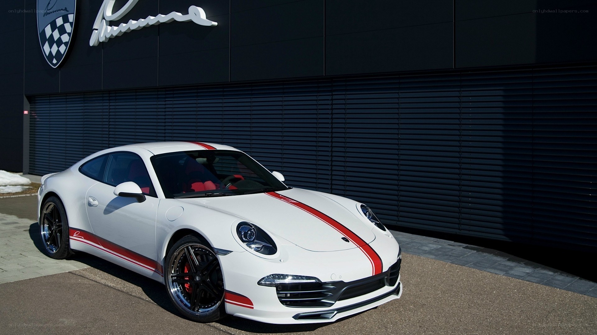 White Porsche with red stripes