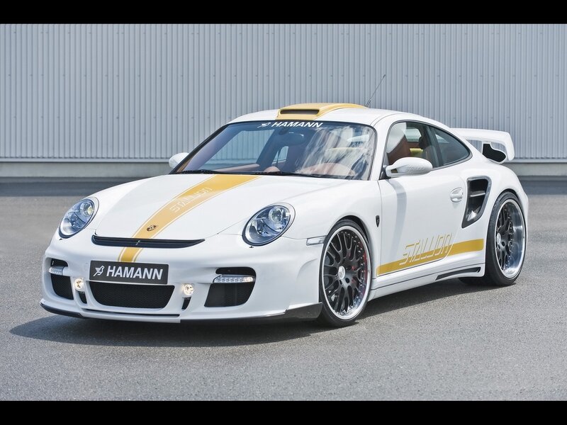 White Porsche with yellow stripes