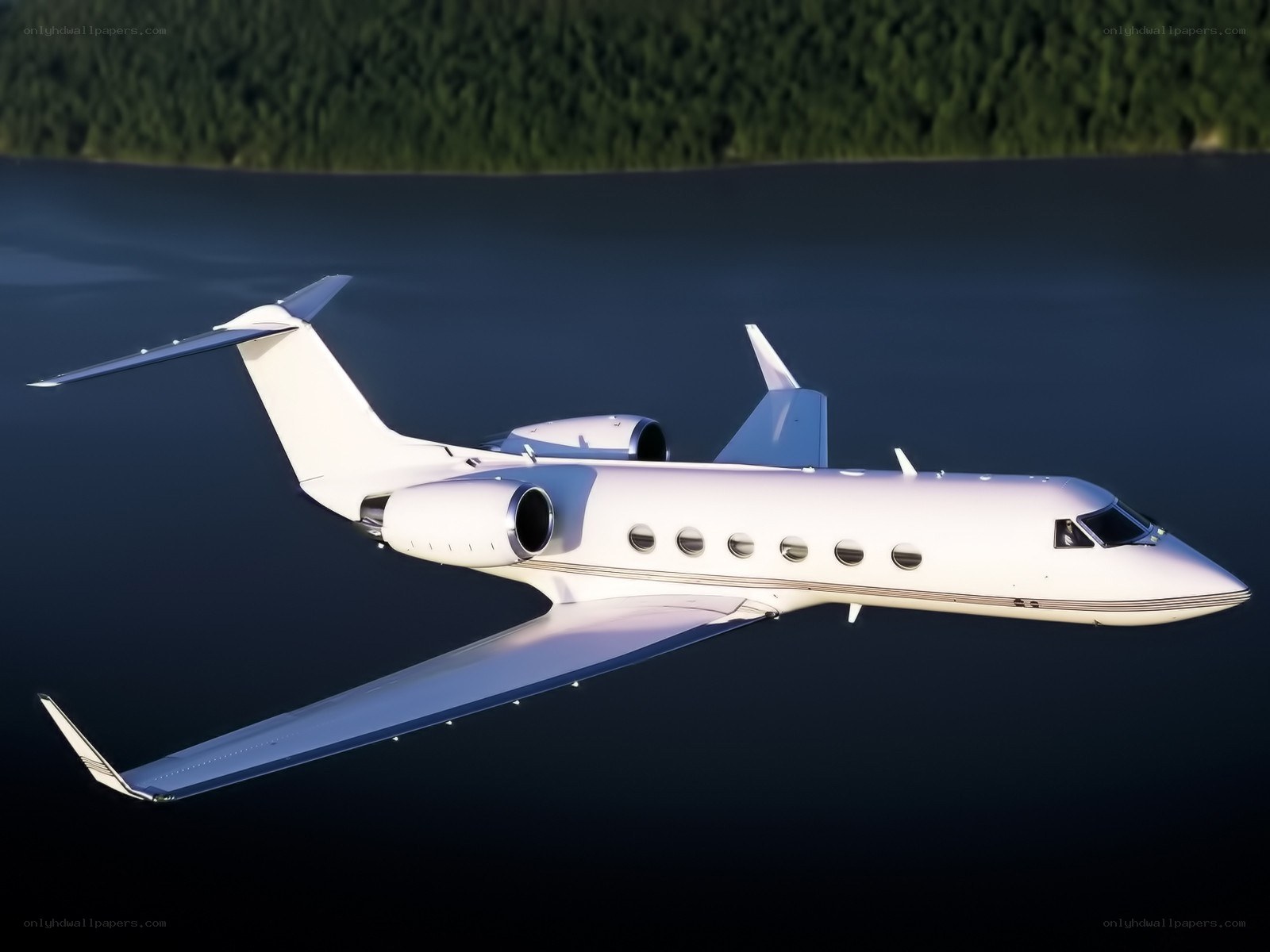 White private jet over water