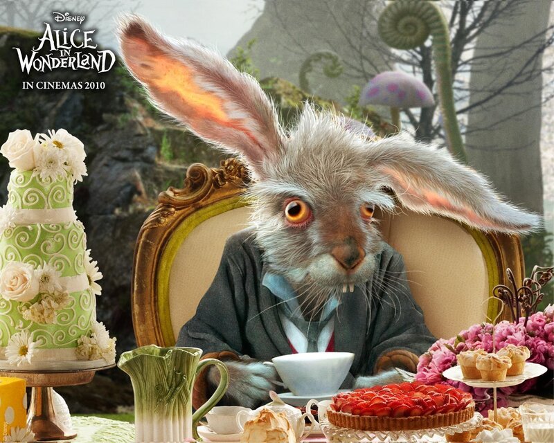 White Rabbit at Tea Party — Green, Whimsical