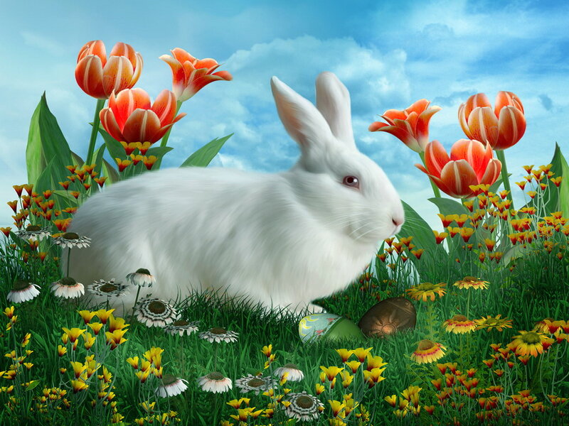 White Rabbit in Flowers — Green, Serene, Spring, Digital Art