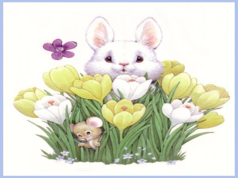 White Rabbit in Flowers — Green