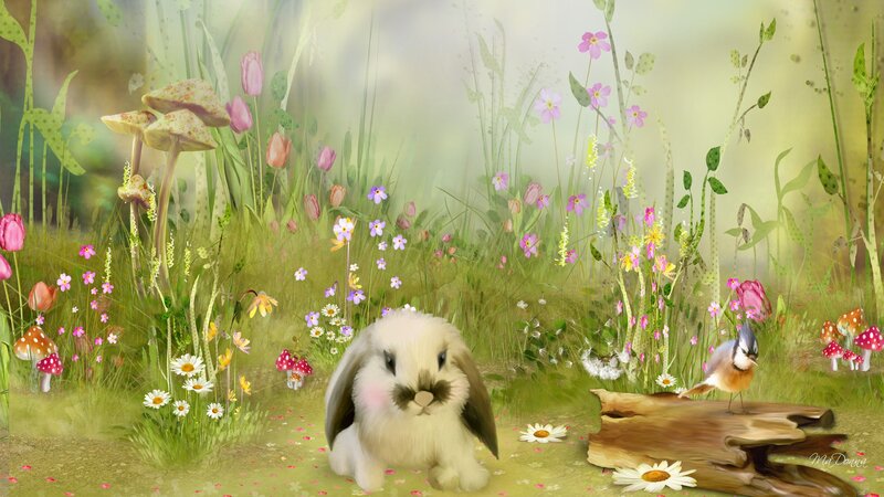 White Rabbit in Garden — Green, Serene