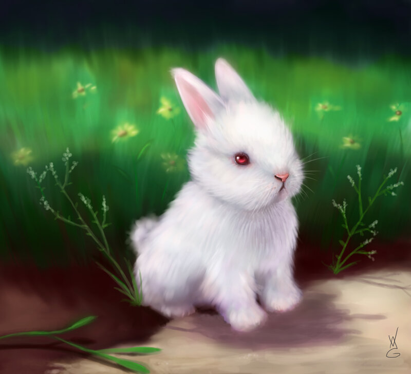 White Rabbit in Grass — Green, Serene, Digital Art