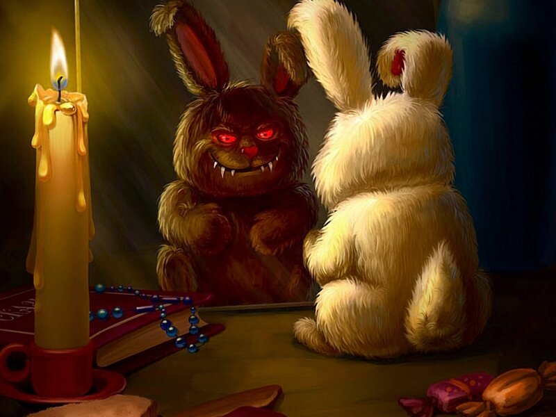 White Rabbit Looking in Mirror