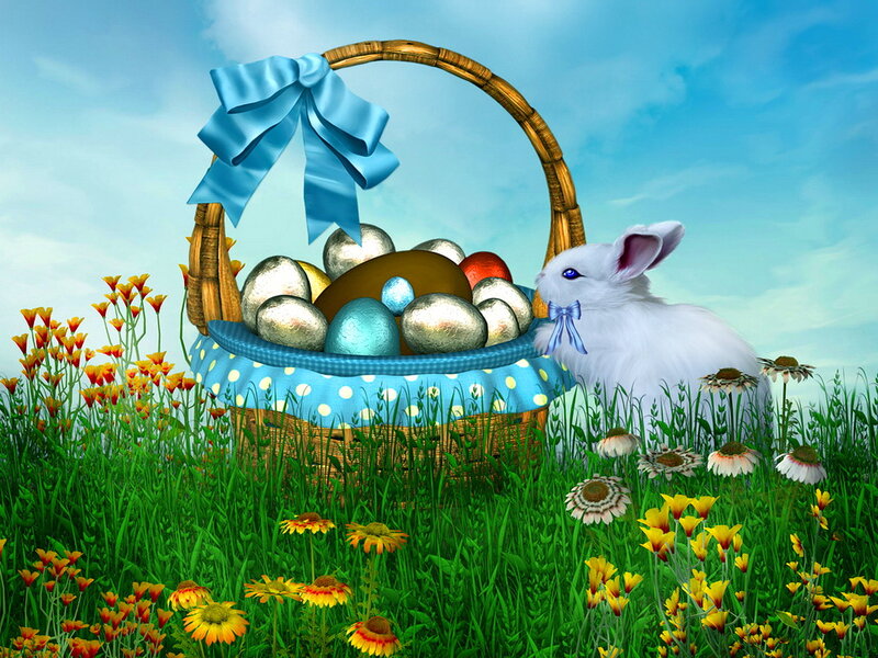 White Rabbit with Basket — Blue, Serene
