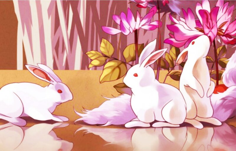 White Rabbits in Garden — Pink