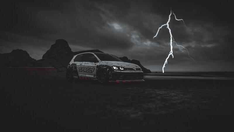 White Race Car — Black, Dramatic, Night, 3d Render, Lightning
