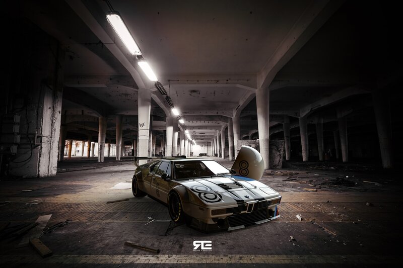 White Race Car — Dramatic, Digital Art, Abandoned Building