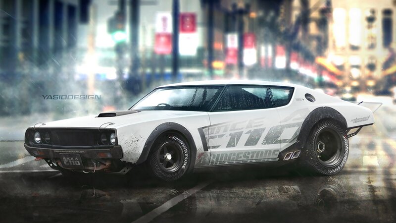 White Race Car — Dramatic, Night, Digital Art, Rain