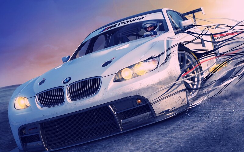 White Race Car — Dramatic, Sunset, Digital Art, Driver