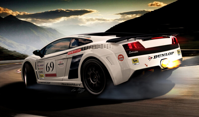 White Race Car — Dramatic, Sunset, Digital Art, Mountains, Smoke, Exhaust