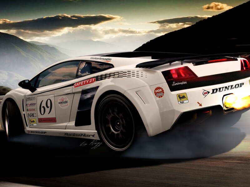 White Race Car — Dramatic, Sunset, Digital Art, Mountains