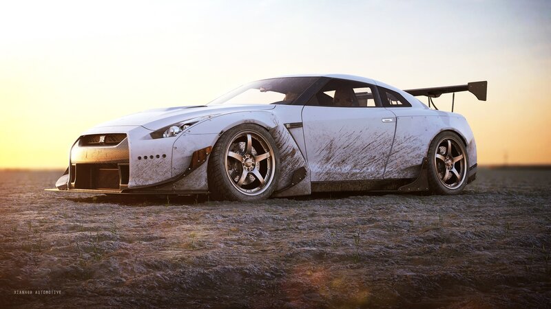White Race Car — Dramatic, Sunset, Digital Art, Mud