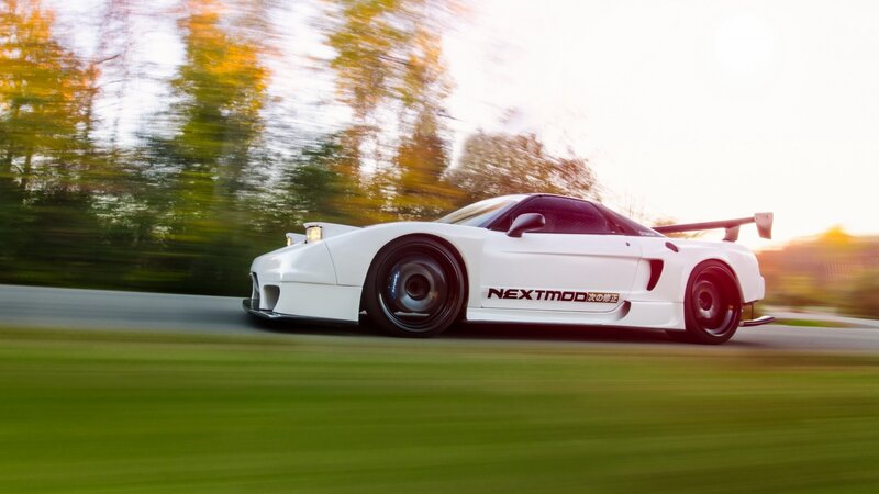 White Race Car — Dynamic, Sunset, Photograph, Trees