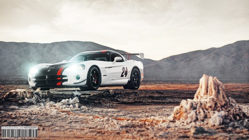 White Race Car in Desert — Dramatic, Afternoon