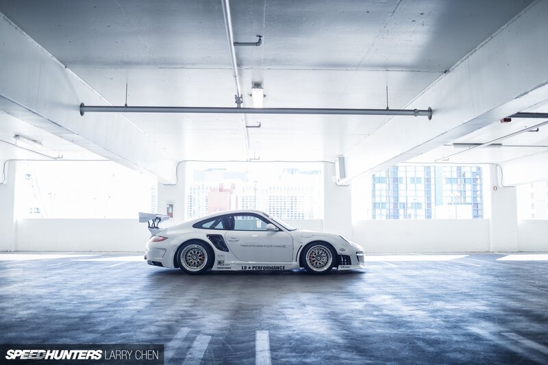 White Race Car in Garage — Dramatic, Afternoon