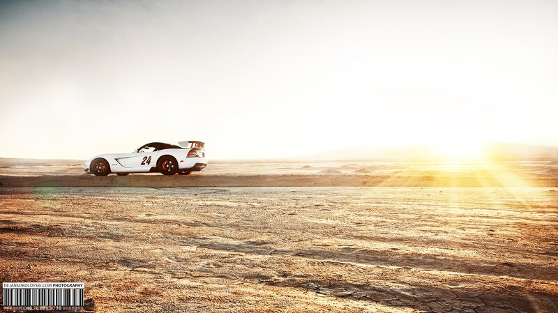 White Race Car on Desert — Dramatic, Sunrise