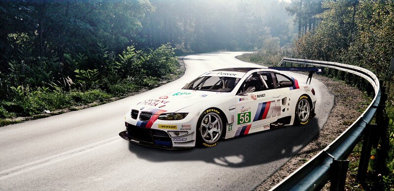 White Race Car on Road — Dramatic, Morning, Photograph