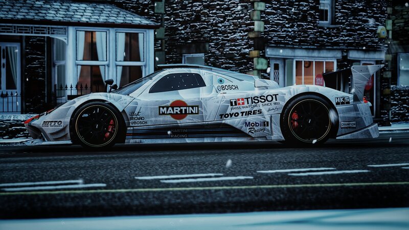 White Race Car on Street — Gray, Dramatic