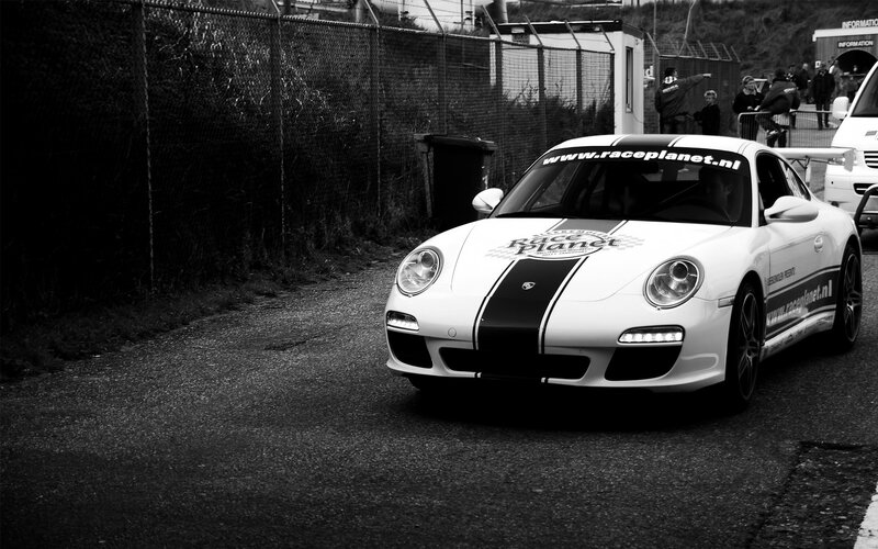 White Race Car on Track — Black, Dramatic