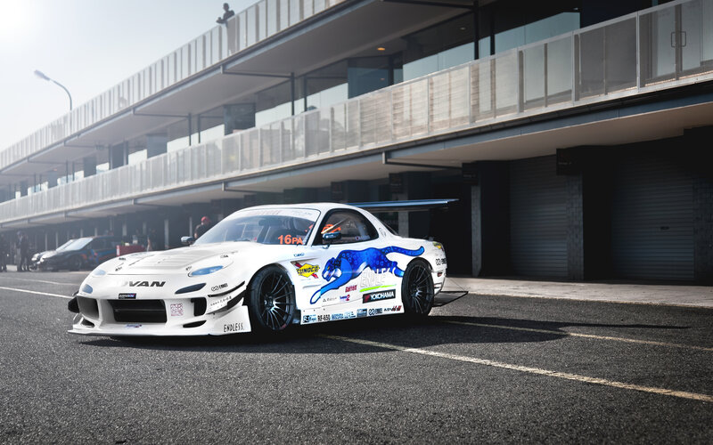 White Race Car on Track — Dramatic, Morning