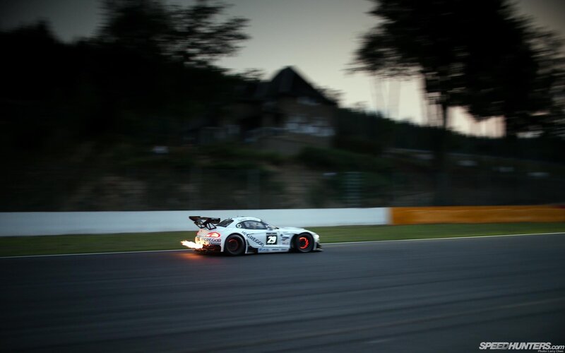 White Race Car on Track — Dramatic, Night, Photograph