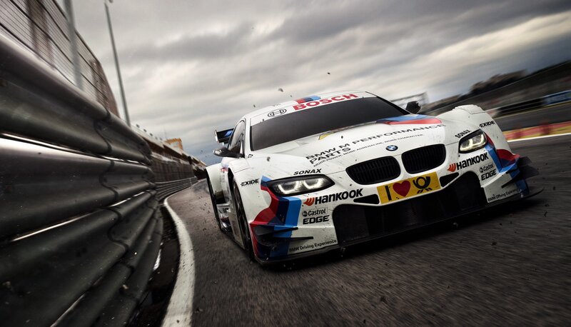 White Race Car on Track — Dramatic, Photograph, Race Car