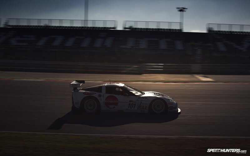 White Race Car on Track — Dramatic, Sunset, Photograph, Race Car, Grandstand