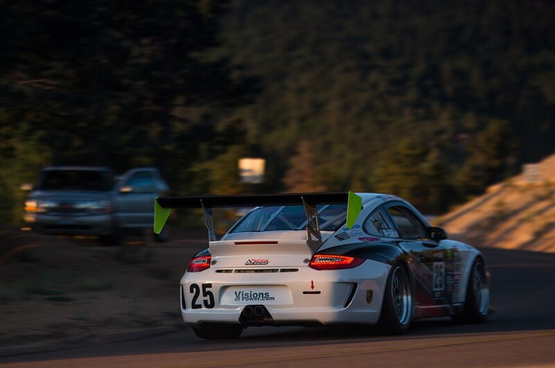 White Race Car on Track — Dramatic, Sunset, Photograph, Race Car, Trees