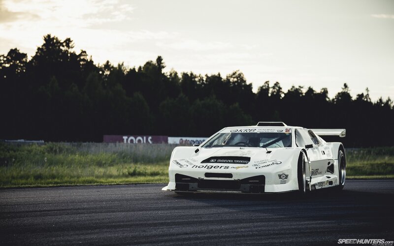 White Race Car on Track — Dramatic, Sunset, Photograph, Race Track, Trees