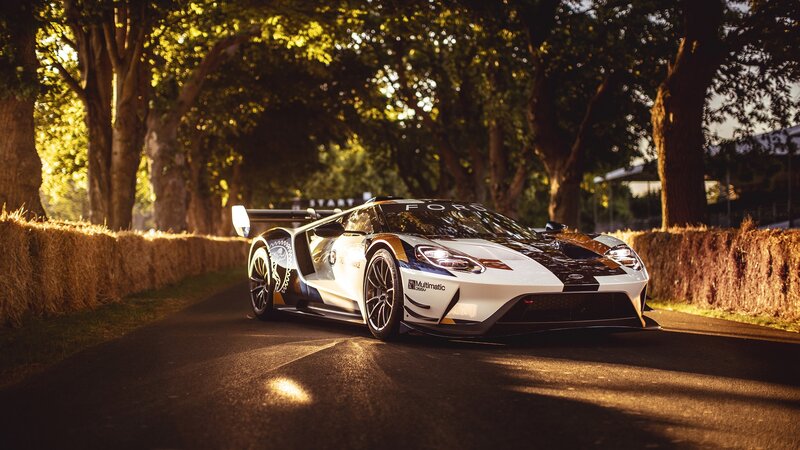 White Race Car on Track — Dramatic, Sunset, Photograph, Trees