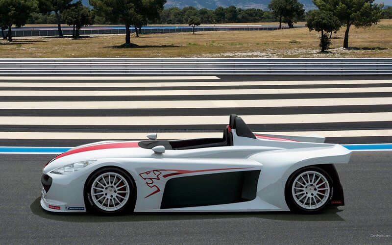 White Race Car on Track — Dynamic, Afternoon, Photograph, Race Track, Trees, Stripes