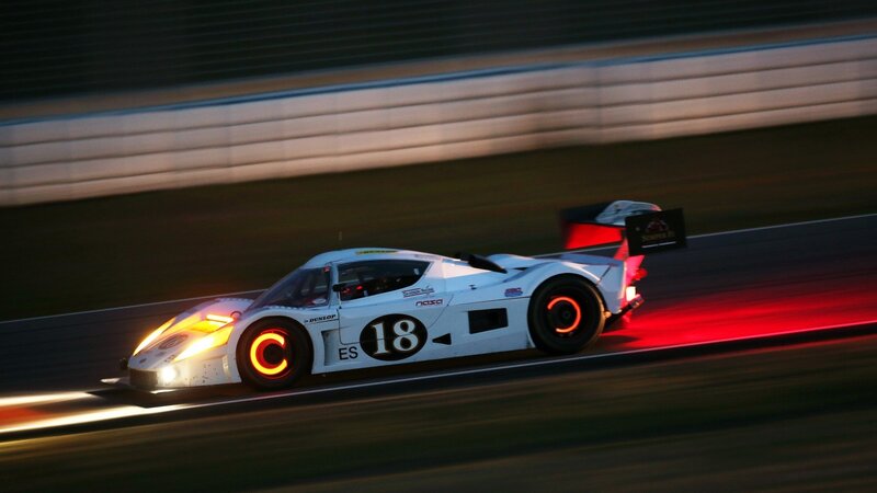 White Race Car on Track — Dynamic, Night, Photograph